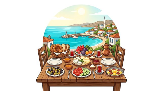 Traditional mediterranean breakfast with tea and olives by the sea