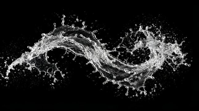 Dynamic splash of clear water captured in mid air forming a wave like shape against a solid black background, with many small, droplets flying