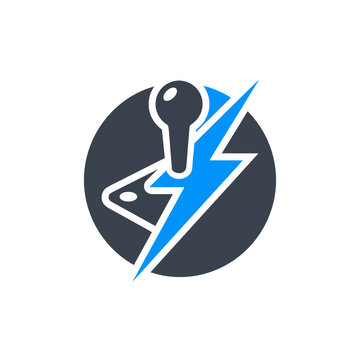 A dynamic logo design featuring an electric bolt motif and a control stick, representing power, technology, and electronic gaming in a striking and modern visual format.