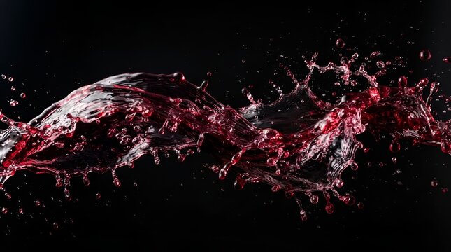 A wide horizontal splash of red wine or liquid flowing across the frame with intricate droplets and ripples against a solid black background