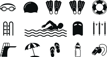    Swimming Icons and Pool Equipment Silhouette Collection Vector Set Isolated on White © mdmizanur