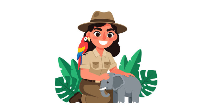 Cartoon illustration of a female zookeeper petting a baby elephant with a parrot on her shoulder, surrounded by tropical leaves.