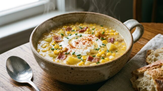 warm nutritious creamy corn chowder soup served in ceramic bowl