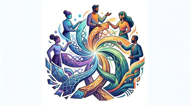Diverse people collaborating around a colorful abstract swirl