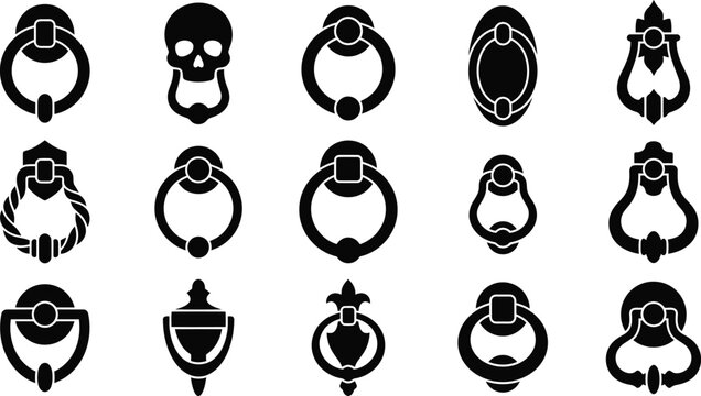 Vintage door knocker icons set, antique black metal hardware silhouettes, 15 gothic and classic door knocker vector elements for architecture