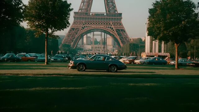 Paris, France, Europe. A vivid portrayal of a classic car parked in front of the Eiffel Tower in Paris, France. The car is a deep blue, with a sleek design and chrome detailing.