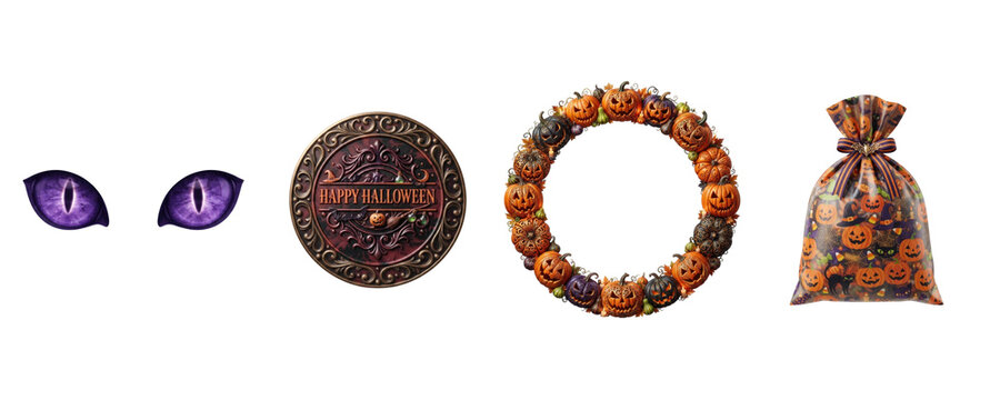 Happy halloween transparent png high quality image featuring purple cat eyes a decorative pumpkin wreath a holiday sign and a festive trick or treat bag