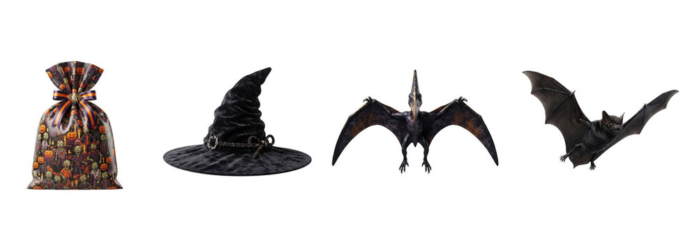 Happy halloween transparent png high quality image featuring a collection of festive holiday elements including a witch hat a candy bag and flying bats