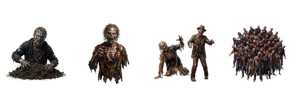 A collection of scary undead monsters for a happy halloween transparent png high quality image featuring various zombie figures isolated on a white background
