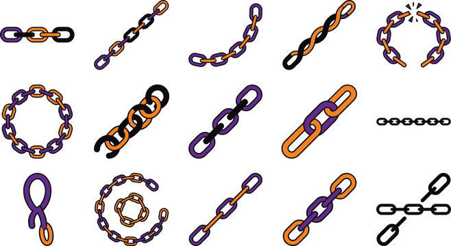 Industrial chain link icons set, 15 purple and orange vector elements, broken and connected metal chain symbols for security and strength
