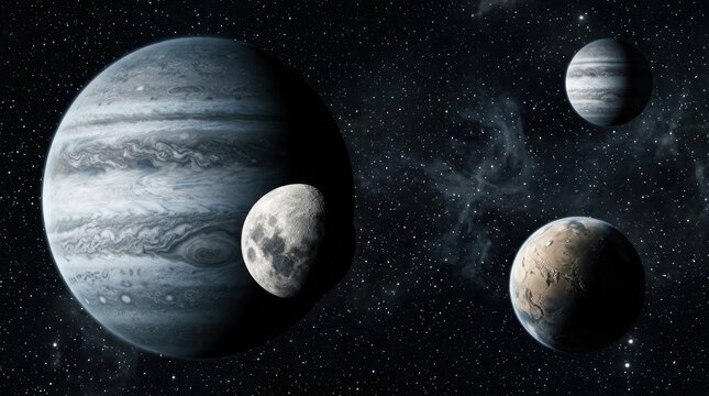 Giant planet and moons orbiting in deep space