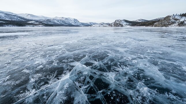 Vast frozen lake surface with intricate ice patterns and distant mountains under a pale sky.