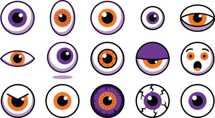Spooky Halloween eyeball icons, 15 cartoon monster eyes set in EPS format. Purple and orange eyeball illustrations for creepy holiday decor. © Ali