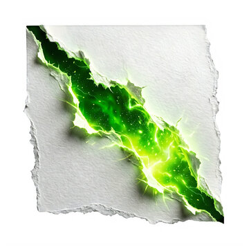 Torn paper reveal vibrant green light emanating from a ripped white surface