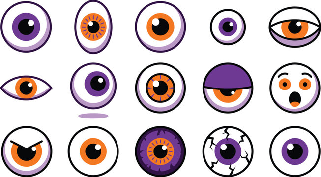 Spooky Halloween eyeball icons, 15 cartoon monster eyes set in EPS format. Purple and orange eyeball illustrations for creepy holiday decor.