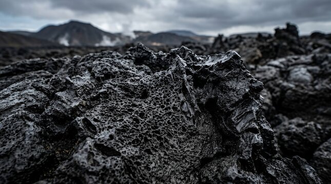 Volcanic Landscape with Jagged Lava Rocks and Distant Mountains Under a Cloudy Sky.