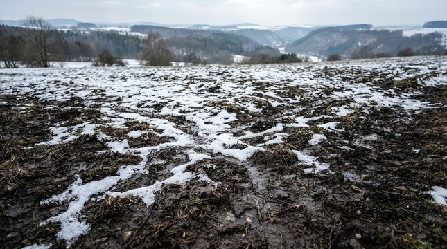 Winter landscape with snow covered muddy field and distant hills.