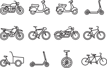 Set of hand drawn various types of personal transportation vehicles including bicycles motorcycles and electric scooters © GDRAMJAN2.0