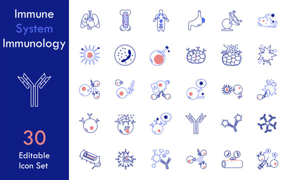 Minimalist immune system and immunology vector icon set (30 assets)