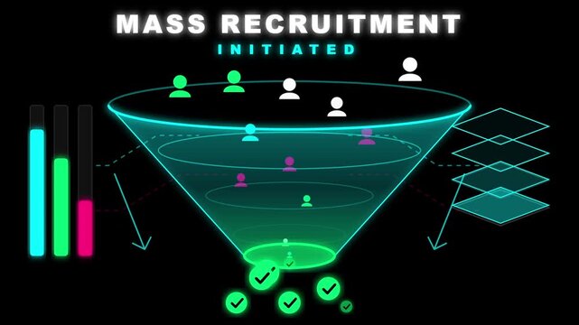 Digital funnel animation showing a mass recruitment process