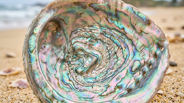 Close up of iridescent abalone shell on sandy beach with ocean background.