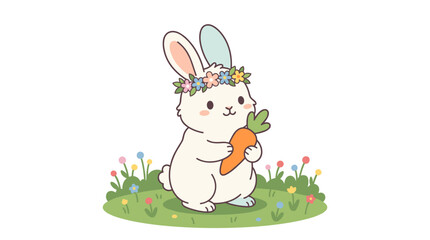 Cute White Bunny Rabbit Wearing Flower Crown Holding Carrot in Green Field with Colorful Flowers, Flat Vector Illustration