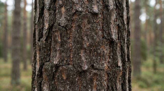 Close-up of rough pine tree bark texture in a forest setting.