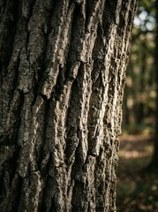Fototapeta premium Close-up of rough tree bark texture in a forest setting.