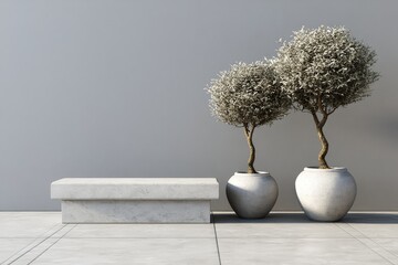 Fototapeta premium A modern indoor garden room with polished concrete floor alongside minimalist bench, uncluttered center area and elegant symmetry.