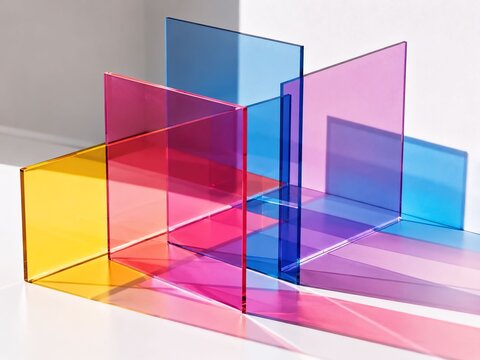Vibrant Transparent Acrylic Panels Casting Colorful Geometric Shadows in Modern Minimal Studio