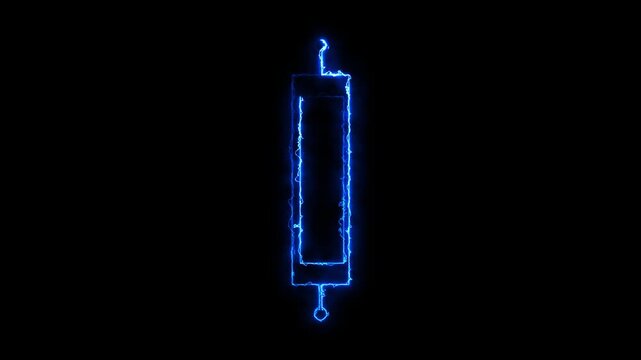 Glowing blue neon syringe icon on dark background