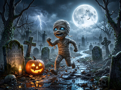 Cute Chibi Mummy Running Through Spooky Graveyard with Jack O Lantern and Full Moon on Halloween Night