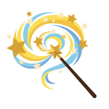 This vibrant image features a magic wand with swirling blue and yellow patterns, surrounded by golden stars, evoking a sense of wonder and enchantment in viewers.