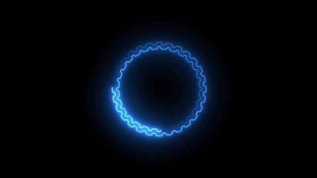 Glowing blue neon gear wheel shape on black background