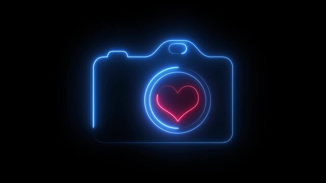 Neon blue camera icon with red heart symbol