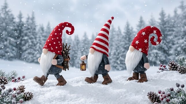 Three cute Christmas gnomes hiking in a snowy winter wonderland forest