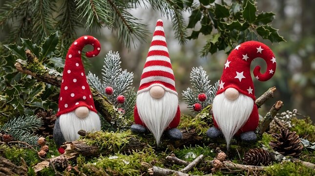 Three Christmas gnomes sitting on a mossy branch in a winter forest