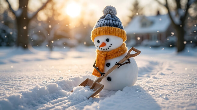 Cute snowman shoveling snow in a sunny winter front yard