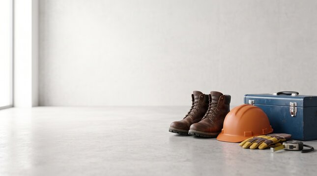 Construction safety equipment including hard hat, work boots, and tool box on a concrete floor
