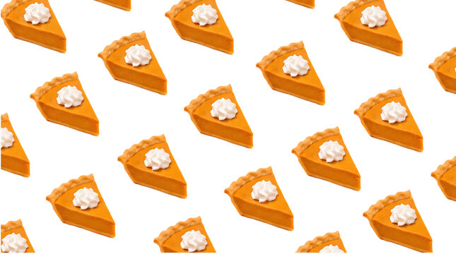 Seamless pattern of pumpkin pie slices topped with whipped cream isolated on a solid black background