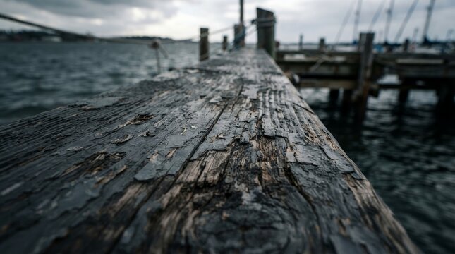 Weathered Wooden Pier Overlooking Stormy Ocean Waters.