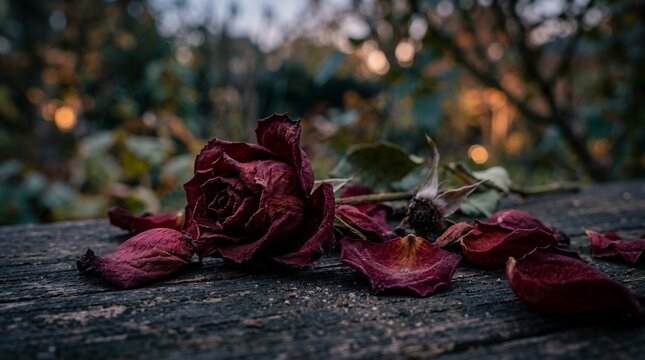 Withered Red Rose on Wooden Surface with Blurred Garden Background.