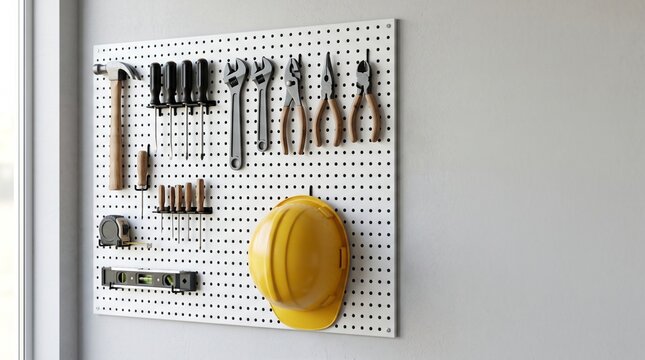 A meticulously organized pegboard wall displaying an assortment of essential hand tools and a bright yellow hard hat, symbolizing efficiency in home improvement projects and workshop preparedness