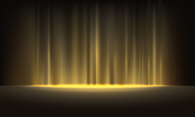 Fototapeta premium Abstract dark horizontal image with golden vertical light beams forming a luxury stage curtain.