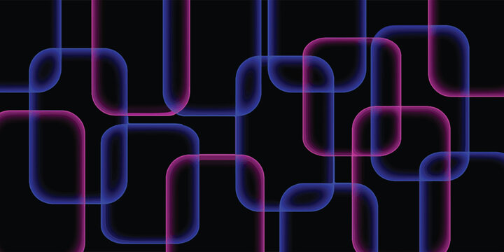 Abstract Neon Pink and Blue Geometric Background with Overlapping Rounded Rectangles on Black