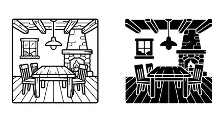 Obraz premium Cozy Rustic Dining Room Scene, Fireplace, Table, Chairs, Vector Art, Interior Design
