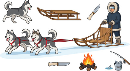 Arctic Sled Dog Adventure Vector Set Featuring Siberian Huskies Wooden Sledges Musher Campfire Ice Fishing and Hunting Knives for Winter Tourism Graphic Designs © KHATUN