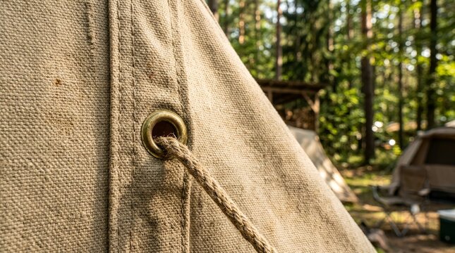 Close up of a weathered canvas tent grommet with rope in a forest setting.