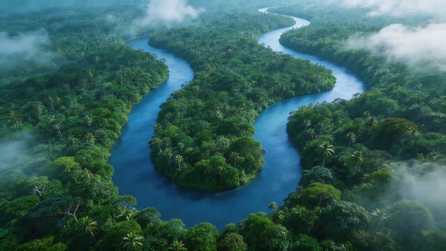 Aerial view of a winding river through dense forest