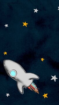 Creative Doodle Animation of a Rocket Ship Flying to Space with Stars and Colored Pencils as Propulsion